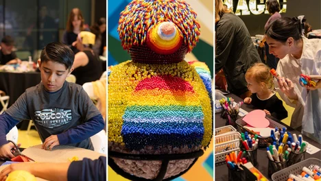 Three photo collage: two photos have families participating in past Family Weekend Workshops, doing arts and crafts, and picking out materials. The photo in the middle is a multi-colored beaded bird sculpture by Jeffrey Gibson on view at The Broad
